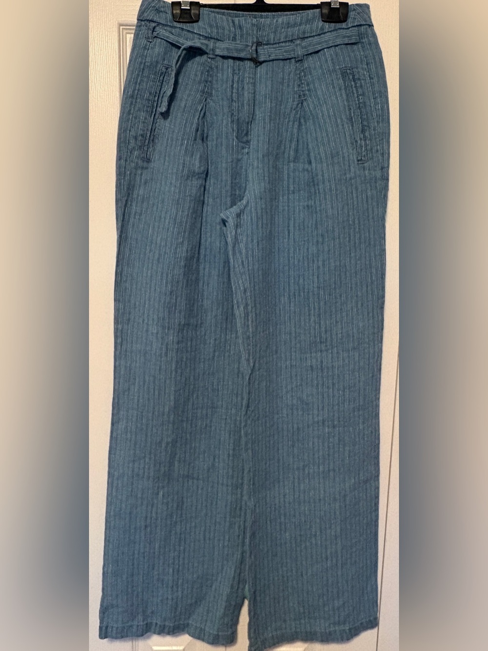 WRAP London Wide-Leg Linen Blue Pinstripe Trousers Size 4